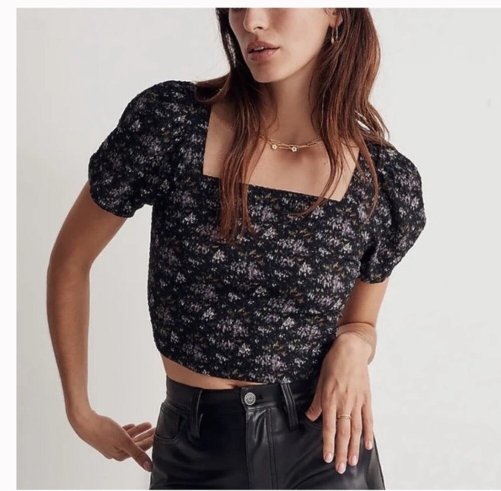 Madewell Gemma puff Sleeve Preppy Romantic Crop Top Black Floral Print S